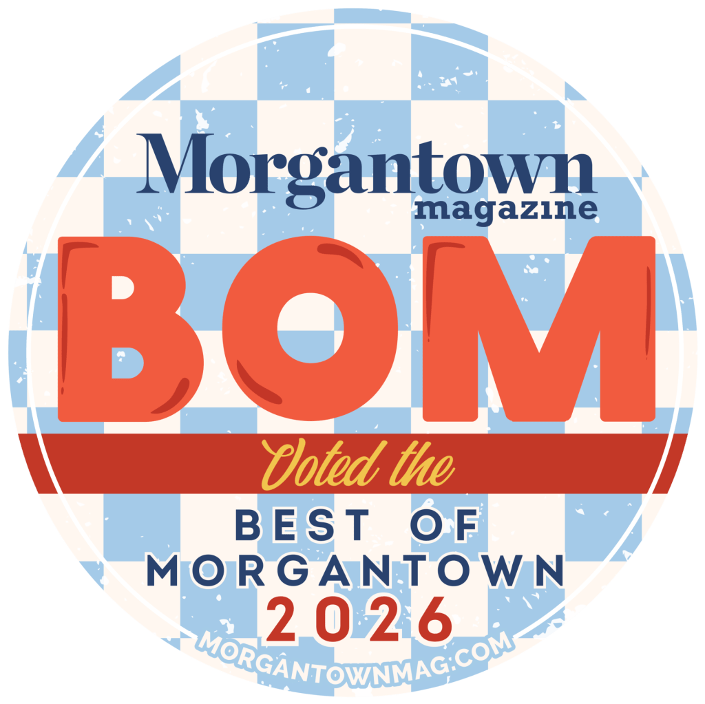 Circular badge for Morgantown Magazine indicating 'Voted the Best of Morgantown 2026' with a blue and white checkered background.